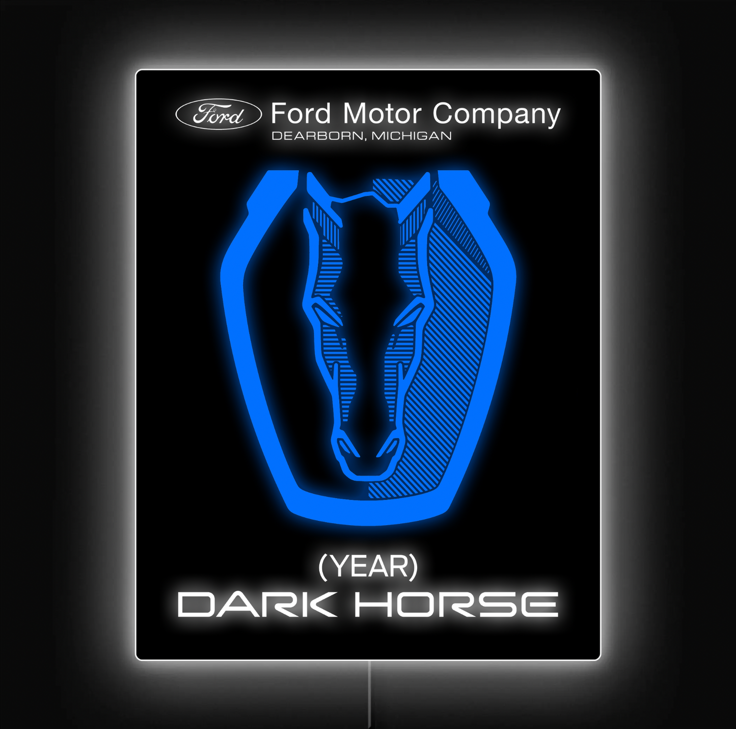Ford Motor Company logo with a stylized horse head on a black background