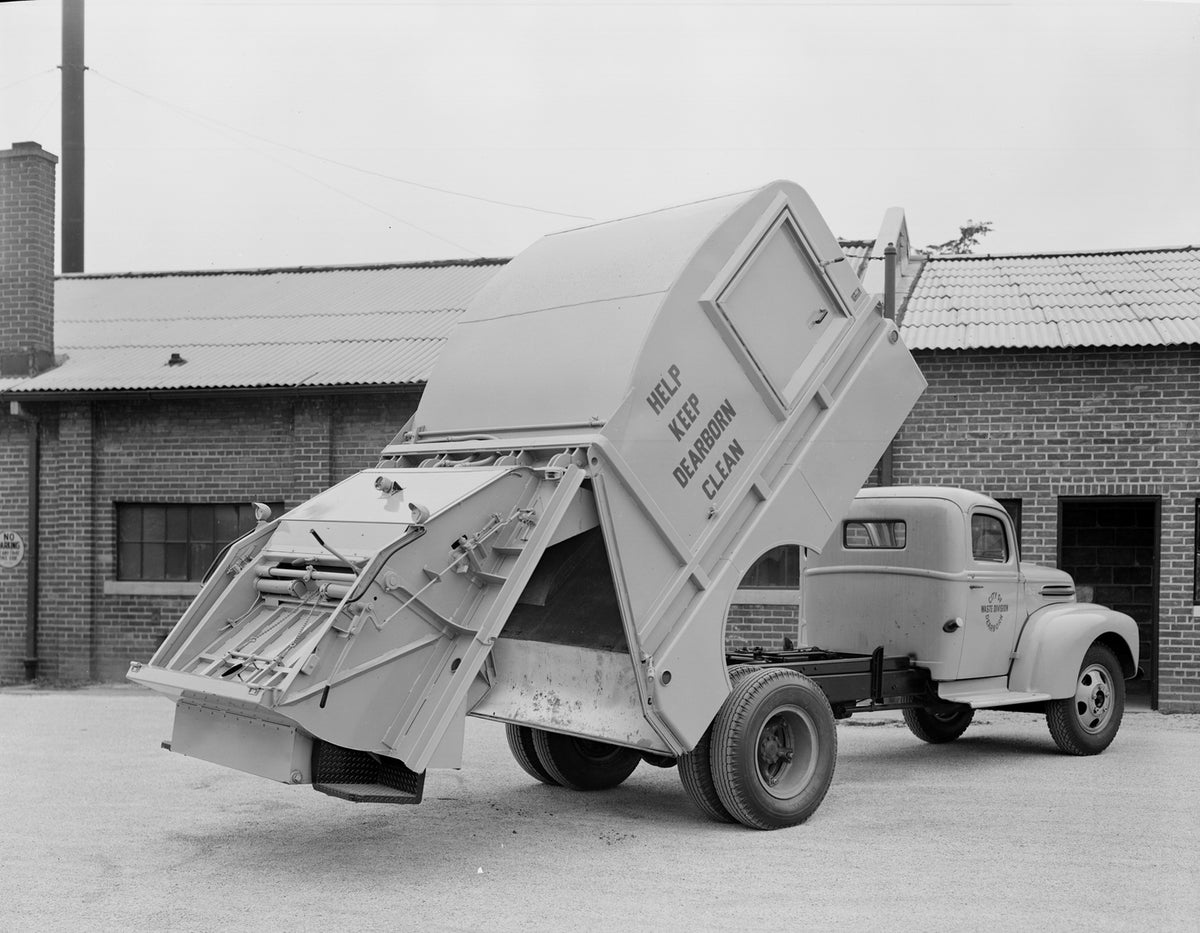 This archival image documents the 1946 Ford garbage truck Dearborn and is preserved in the Ford Heritage Vault as part of Ford Motor Company's historic photographic archive. Free for personal, non-commercial use. Ford Heritage Vault reference AR-2...