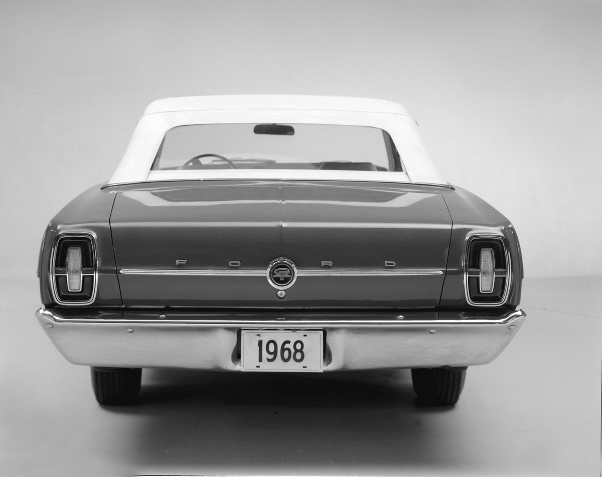 This archival image documents the 1968 Ford Torino GT convertible in studio rear view and is preserved in the Ford Heritage Vault as part of Ford Motor Company's historic photographic archive. Free for personal, non-commercial use. Ford Heritage V...