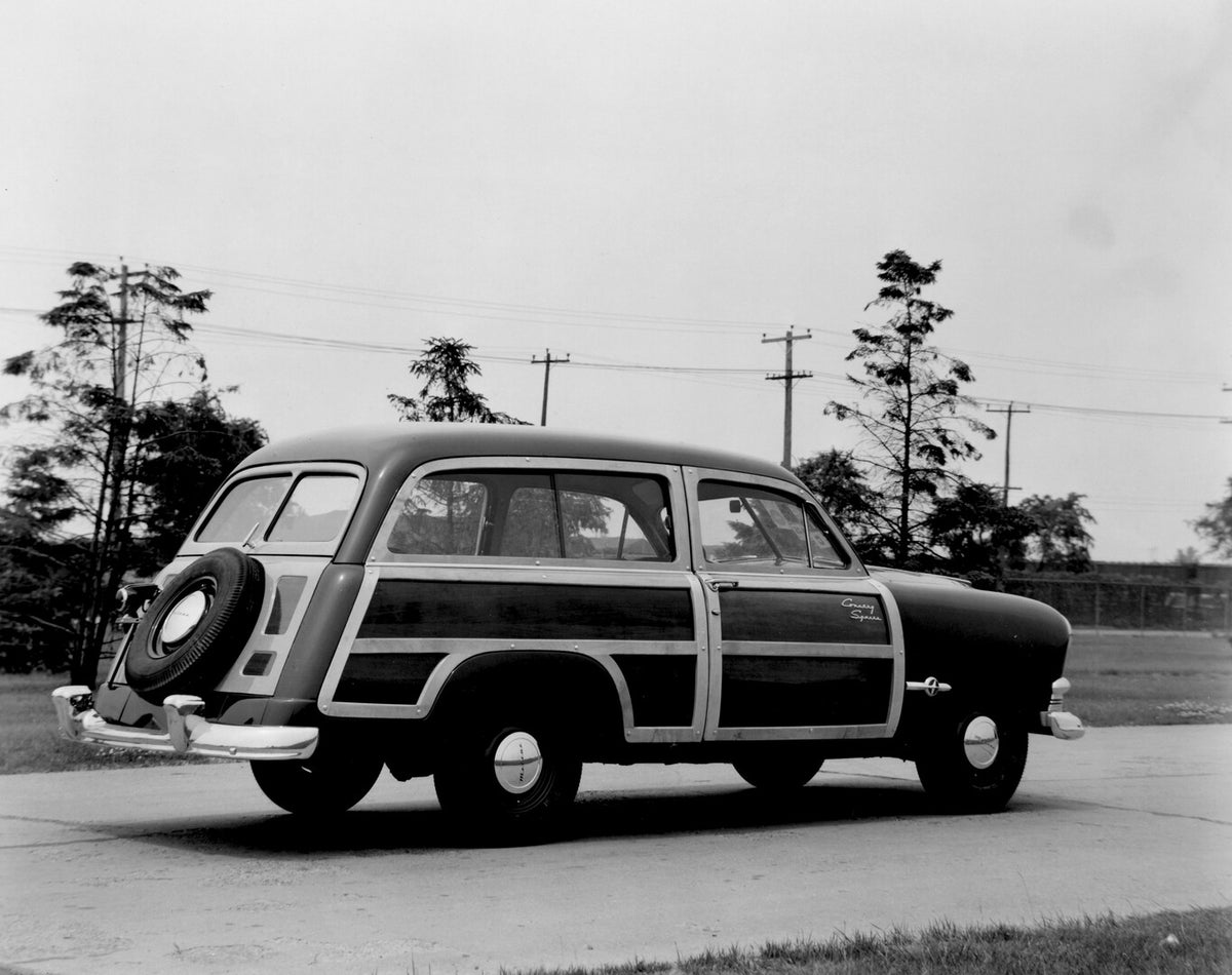 This archival image documents the 1951 Meteor Country Squire rear view on scenic road with trees AR-2007-5 and is preserved in the Ford Heritage Vault as part of Ford Motor Company's historic photographic archive. Free for personal, non-commercial...