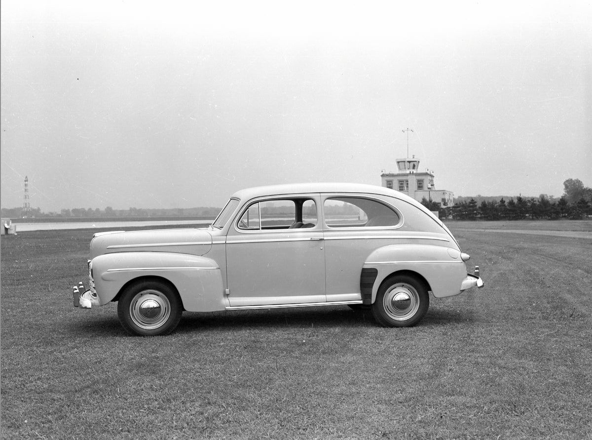 This archival image documents the 1946 Ford Super DeLuxe two-door and is preserved in the Ford Heritage Vault as part of Ford Motor Company's historic photographic archive. Free for personal, non-commercial use. Ford Heritage Vault reference AR-20...
