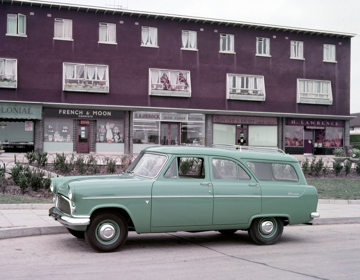 This archival image documents the 1965 Ford Consul Mark II Estate Car side view in front of storefronts and is preserved in the Ford Heritage Vault as part of Ford Motor Company's historic photographic archive. Free for personal, non-commercial us...