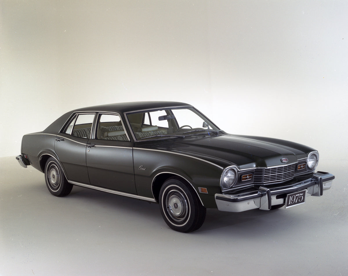 This archival image documents the 1975 Mercury Comet four-door in studio and is preserved in the Ford Heritage Vault as part of Ford Motor Company's historic photographic archive. Free for personal, non-commercial use. Ford Heritage Vault referenc...