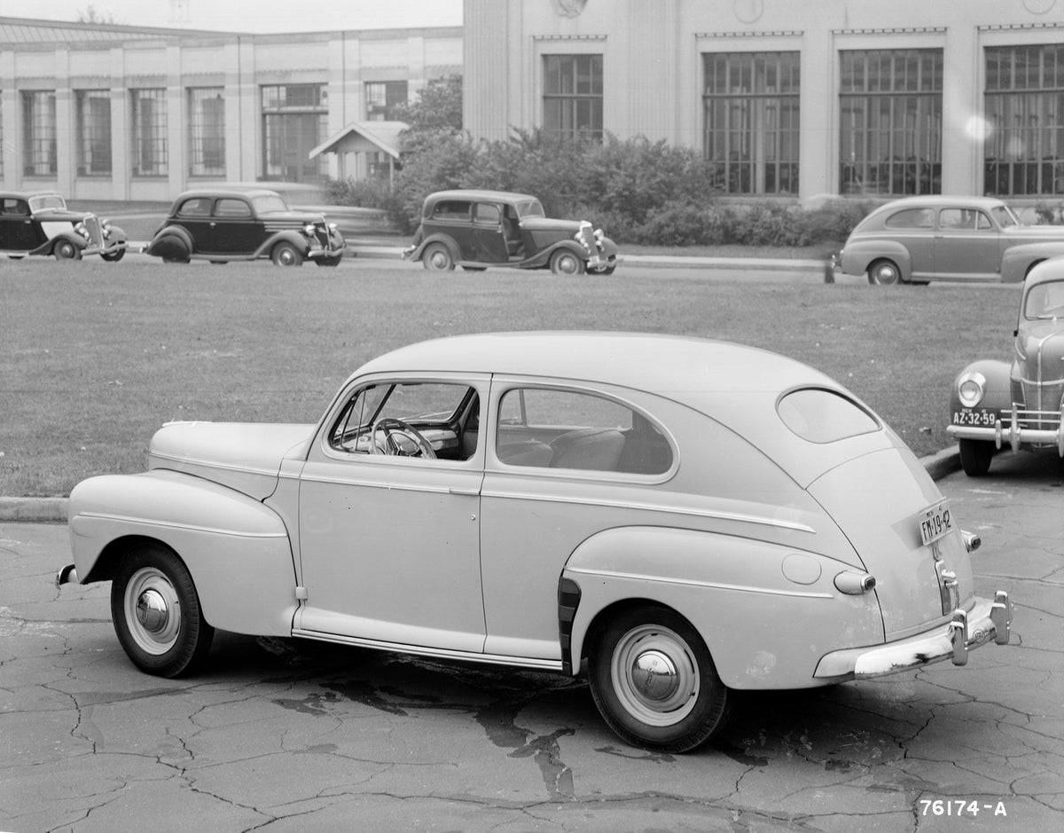 This archival image documents the 1942 Ford Super Deluxe tudor sedan and is preserved in the Ford Heritage Vault as part of Ford Motor Company's historic photographic archive. Free for personal, non-commercial use. Ford Heritage Vault reference AR...