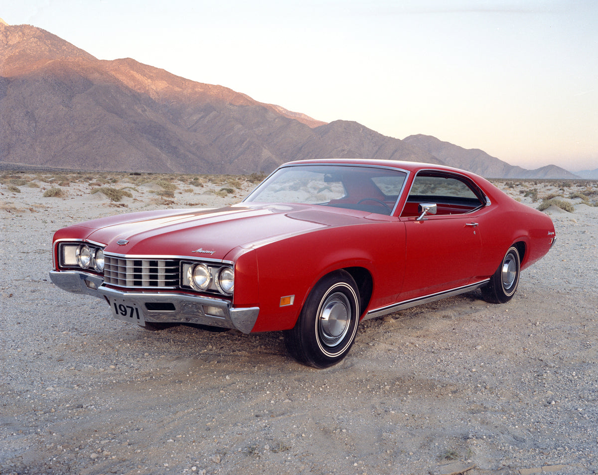 This archival image documents the 1971 Mercury Montego MX two-door hardtop with Mountains in Background and is preserved in the Ford Heritage Vault as part of Ford Motor Company's historic photographic archive. Free for personal, non-commercial us...