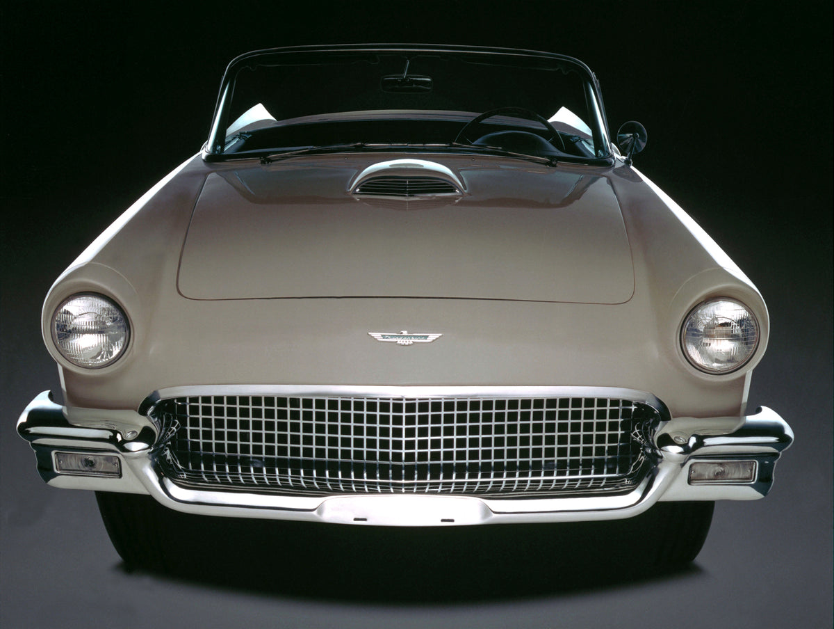 This archival image documents the 1957 Ford Thunderbird front view in studio and is preserved in the Ford Heritage Vault as part of Ford Motor Company's historic photographic archive. Free for personal, non-commercial use. Ford Heritage Vault refe...