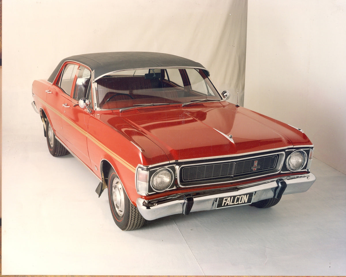 This archival image documents the 1968 Ford XT Falcon front view in studio and is preserved in the Ford Heritage Vault as part of Ford Motor Company's historic photographic archive. Free for personal, non-commercial use. Ford Heritage Vault refere...