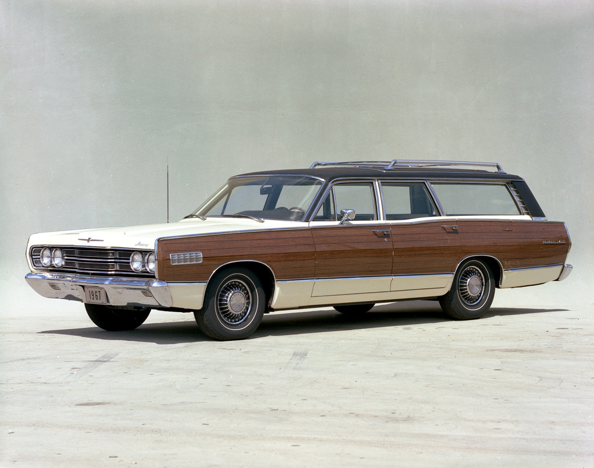 This archival image documents the 1967 Mercury Colony Park station wagon side View and is preserved in the Ford Heritage Vault as part of Ford Motor Company's historic photographic archive. Free for personal, non-commercial use. Ford Heritage Vaul...