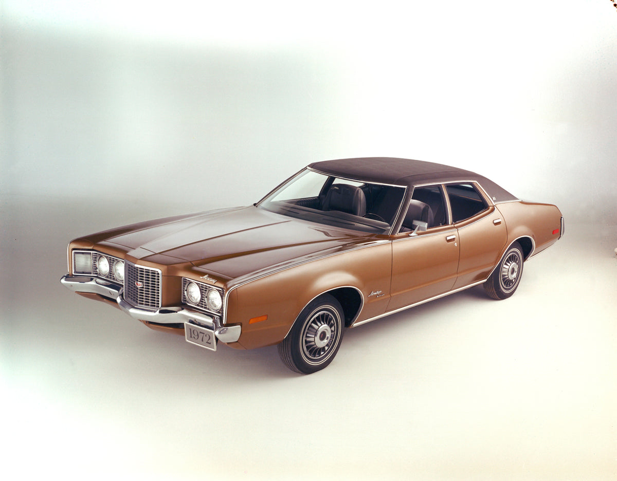 This archival image documents the 1972 Mercury Montego four-door in studio and is preserved in the Ford Heritage Vault as part of Ford Motor Company's historic photographic archive. Free for personal, non-commercial use. Ford Heritage Vault refere...