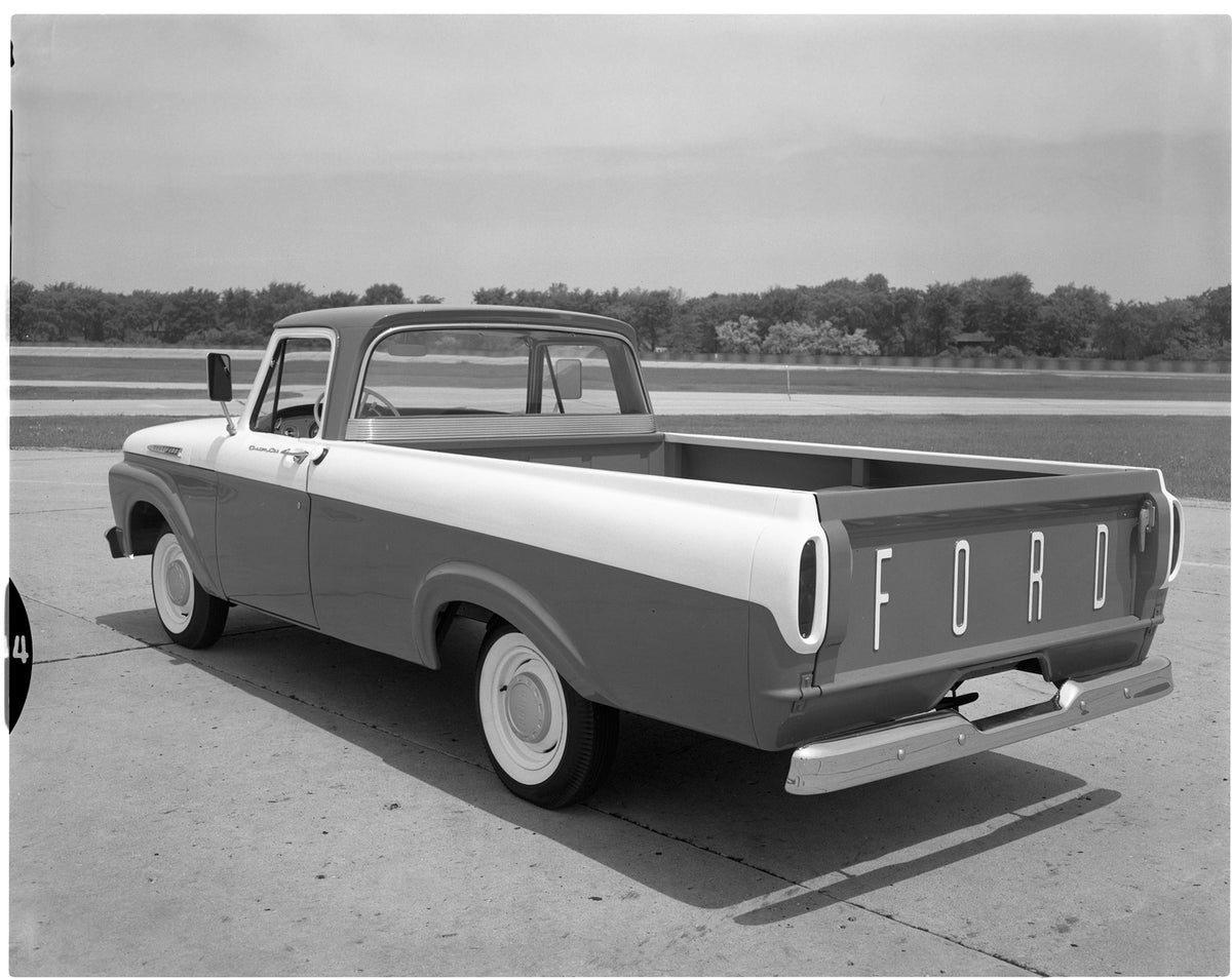 This archival image documents the 1962 Ford F-100 Styleside pickup truck and is preserved in the Ford Heritage Vault as part of Ford Motor Company's historic photographic archive. Free for personal, non-commercial use. Ford Heritage Vault referenc...
