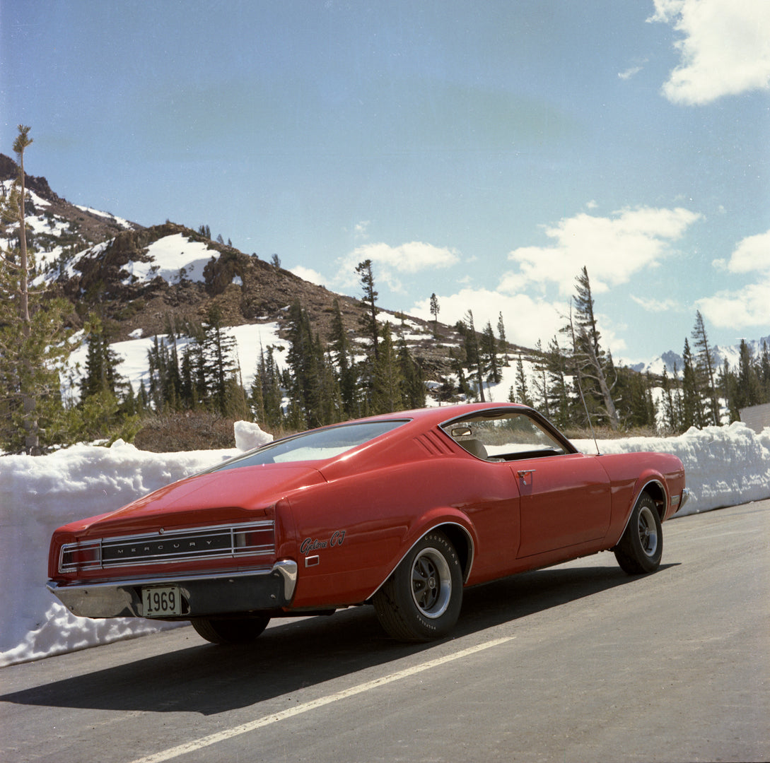 This archival image documents the 1969 Mercury Cyclone CJ sportsroof with Snow and Mountains in Background and is preserved in the Ford Heritage Vault as part of Ford Motor Company's historic photographic archive. Free for personal, non-commercial...