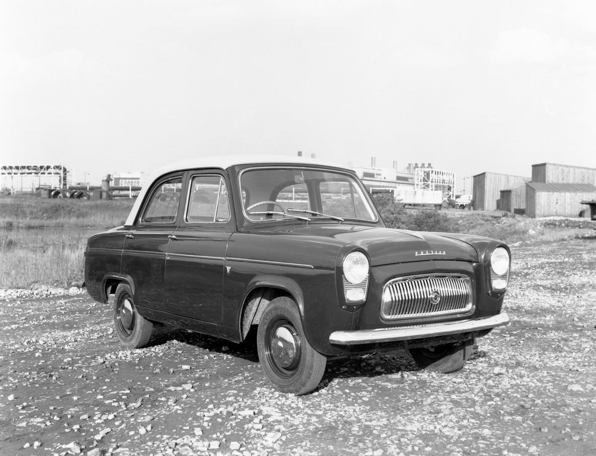 This archival image documents the 1959 Ford Prefect 107E exterior and is preserved in the Ford Heritage Vault as part of Ford Motor Company's historic photographic archive. Free for personal, non-commercial use. Ford Heritage Vault reference AR-20...
