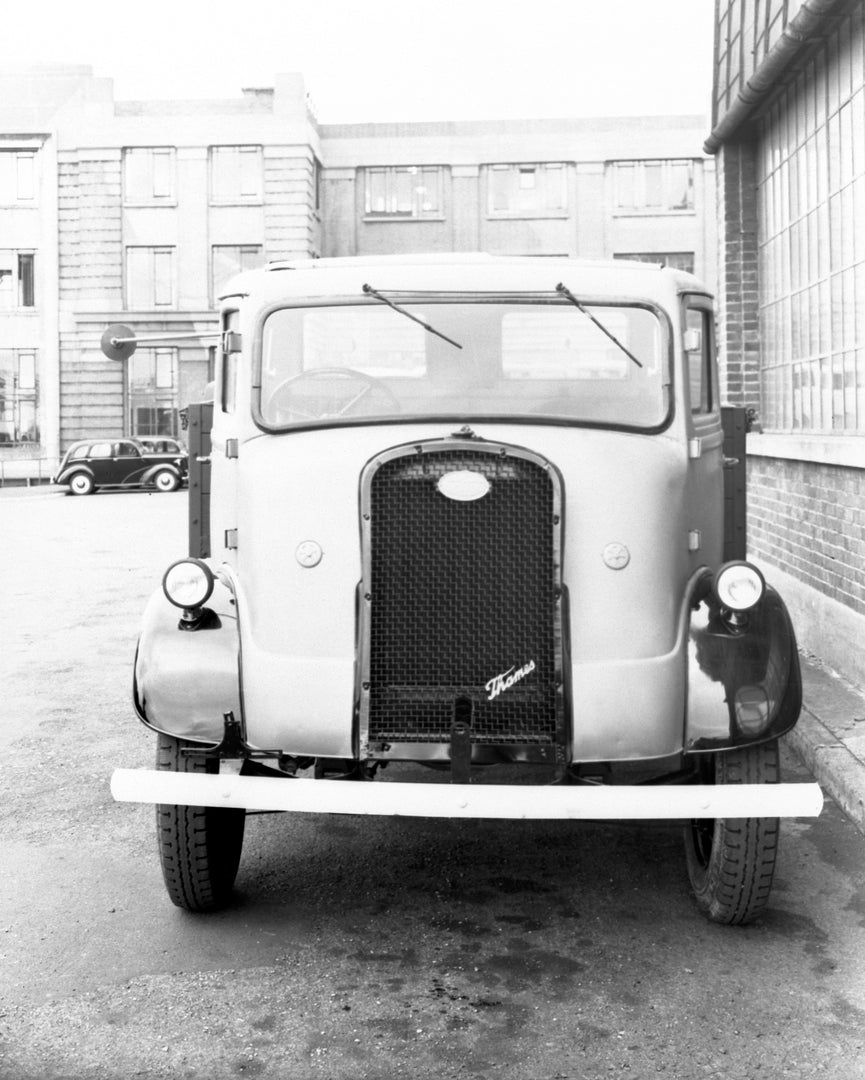 This archival image documents the 1945 Ford Thames truck front view and is preserved in the Ford Heritage Vault as part of Ford Motor Company's historic photographic archive. Free for personal, non-commercial use. Ford Heritage Vault reference AR-...