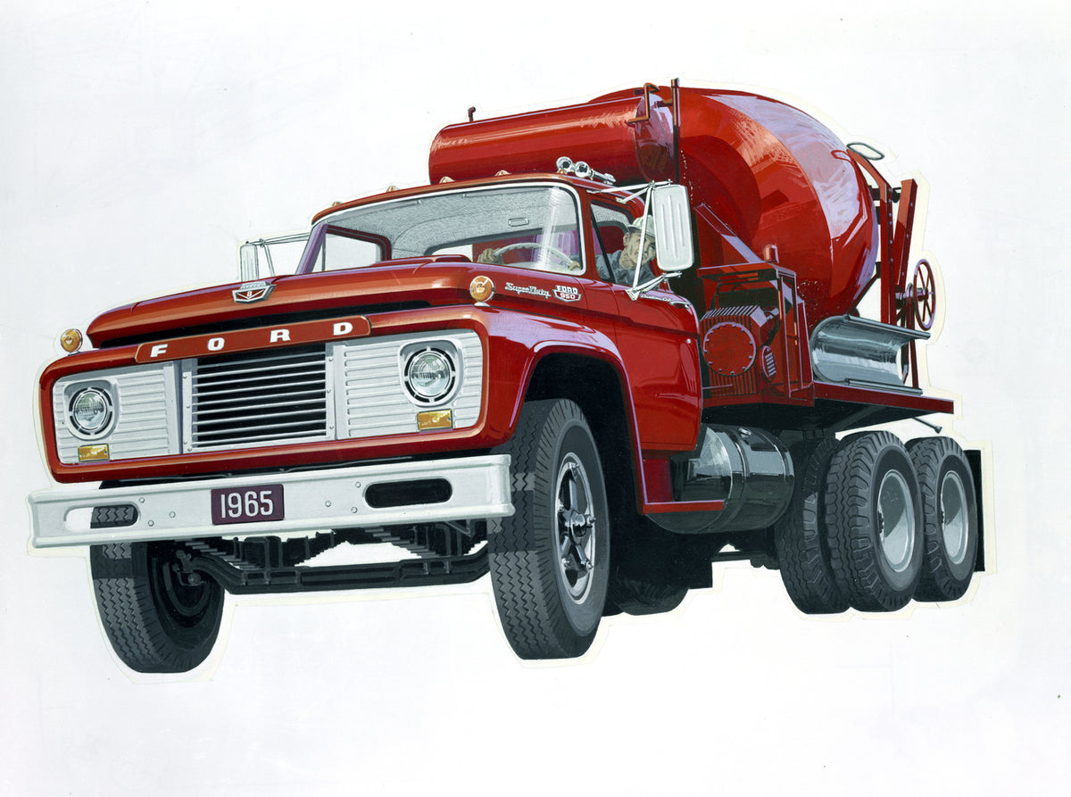 This archival image documents the 1965 Ford F950 SuperDuty cement truck and is preserved in the Ford Heritage Vault as part of Ford Motor Company's historic photographic archive. Free for personal, non-commercial use. Ford Heritage Vault reference...