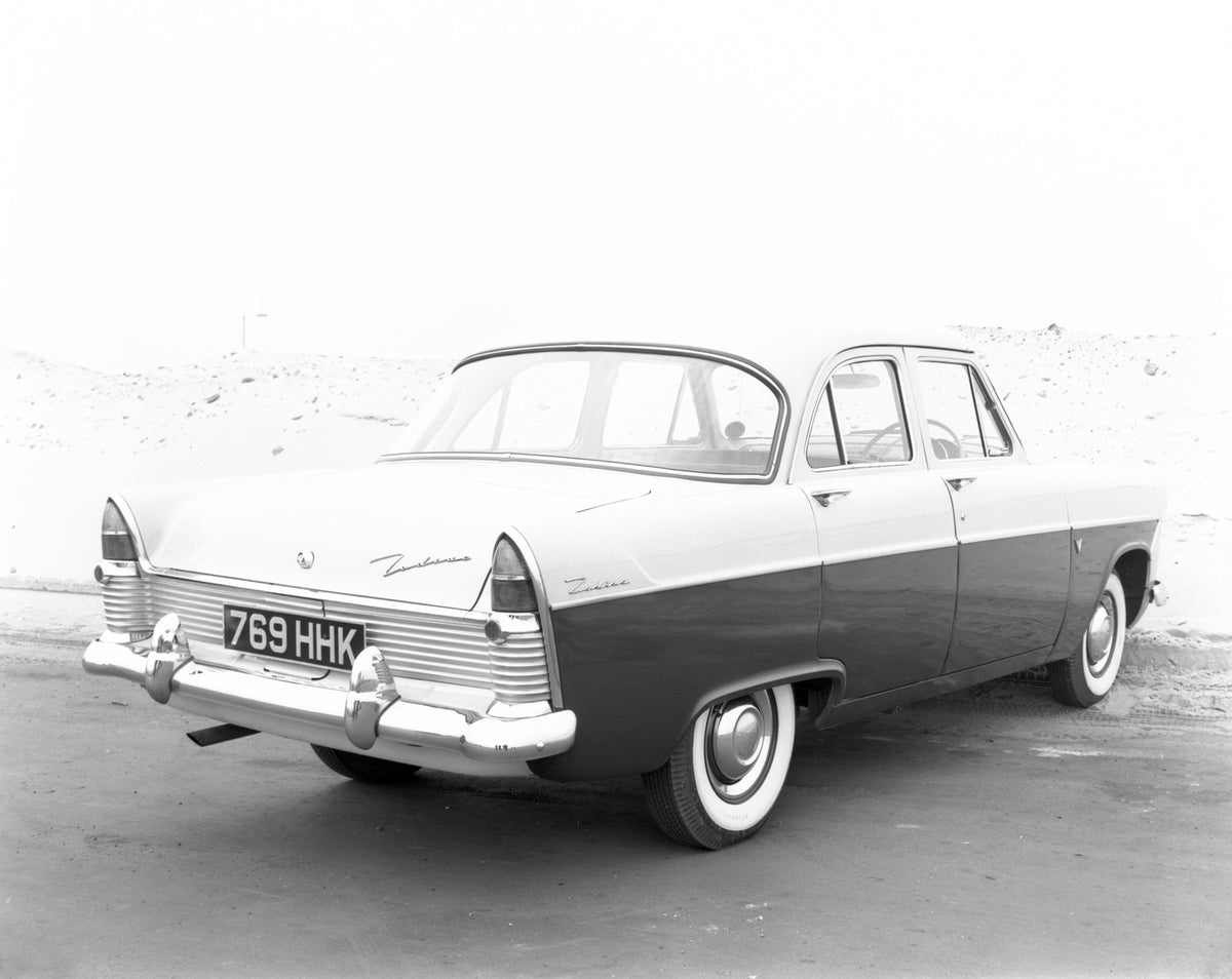 This archival image documents the 1956 Ford Zodiac rear view and is preserved in the Ford Heritage Vault as part of Ford Motor Company's historic photographic archive. Free for personal, non-commercial use. Ford Heritage Vault reference AR-2000-21...
