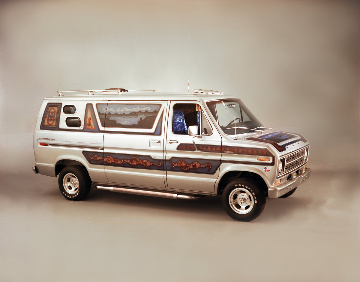 This archival image documents the 1977 Ford E-150 Econoline van with custom paint work in studio and is preserved in the Ford Heritage Vault as part of Ford Motor Company's historic photographic archive. Free for personal, non-commercial use. Ford...