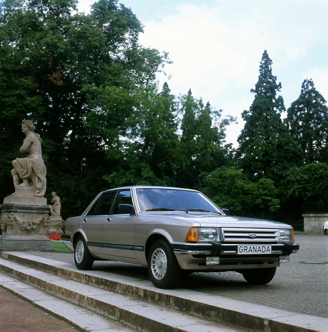 This archival image documents the 1981 Ford Granada 2.8 Ghia Mark II scenic with statue in background and is preserved in the Ford Heritage Vault as part of Ford Motor Company's historic photographic archive. Free for personal, non-commercial use....