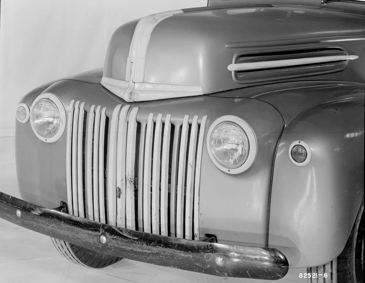 This archival image documents the 1946 Ford one ton pickup truck front end grille and is preserved in the Ford Heritage Vault as part of Ford Motor Company's historic photographic archive. Free for personal, non-commercial use. Ford Heritage Vault...