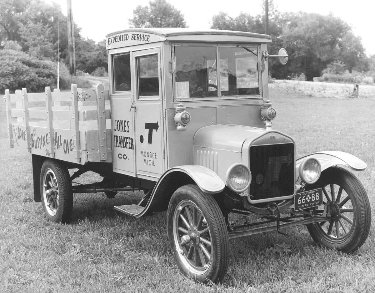 This archival image documents the 1923 Ford Model T truck and is preserved in the Ford Heritage Vault as part of Ford Motor Company's historic photographic archive. Free for personal, non-commercial use. Ford Heritage Vault reference AR-2008-8.1.4...