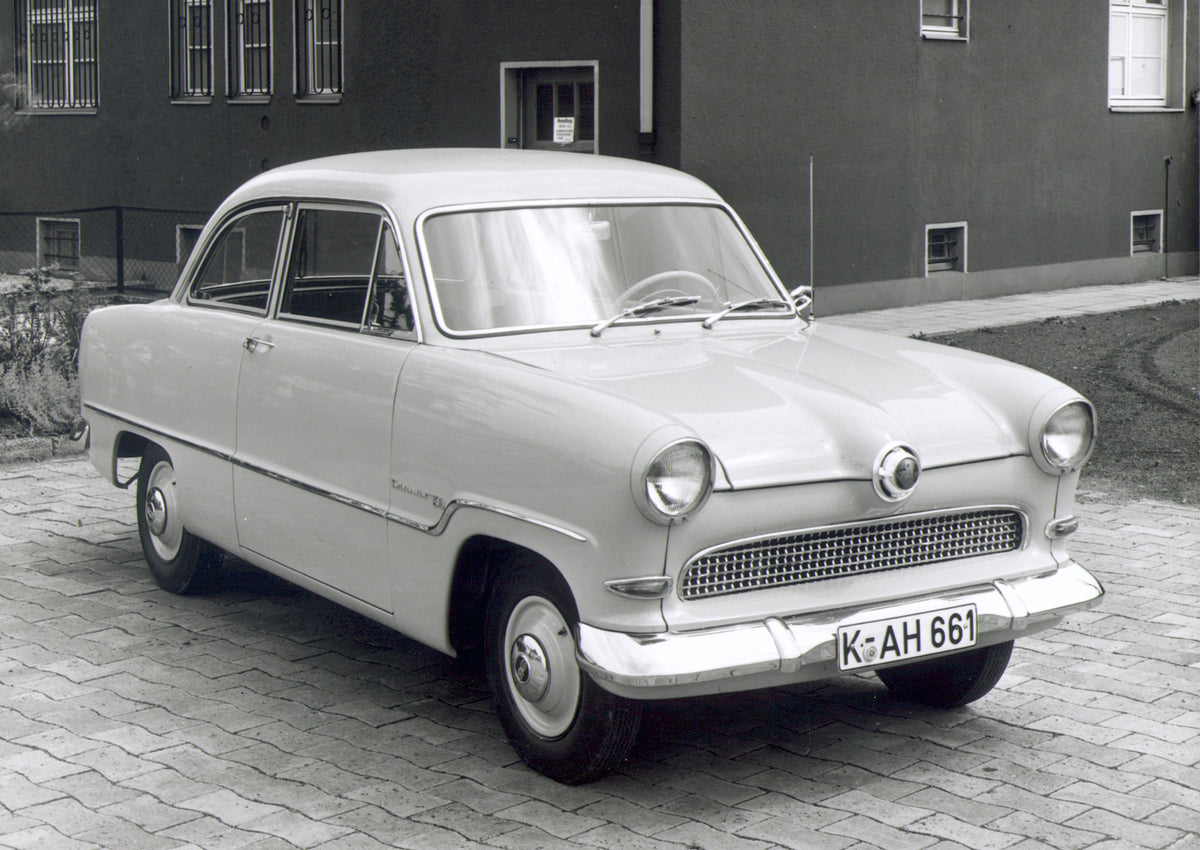 This archival image documents the 1957 Ford Taunus 15M P1 on brick road and is preserved in the Ford Heritage Vault as part of Ford Motor Company's historic photographic archive. Free for personal, non-commercial use. Ford Heritage Vault reference...