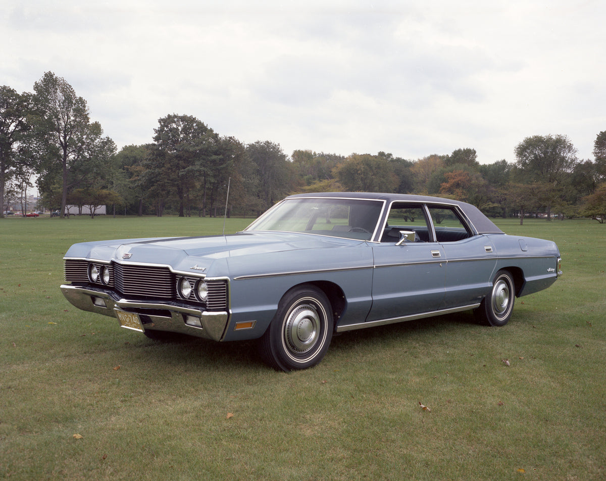 This archival image documents the 1971 Mercury Monterey four-door sedan front angle and is preserved in the Ford Heritage Vault as part of Ford Motor Company's historic photographic archive. Free for personal, non-commercial use. Ford Heritage Vau...