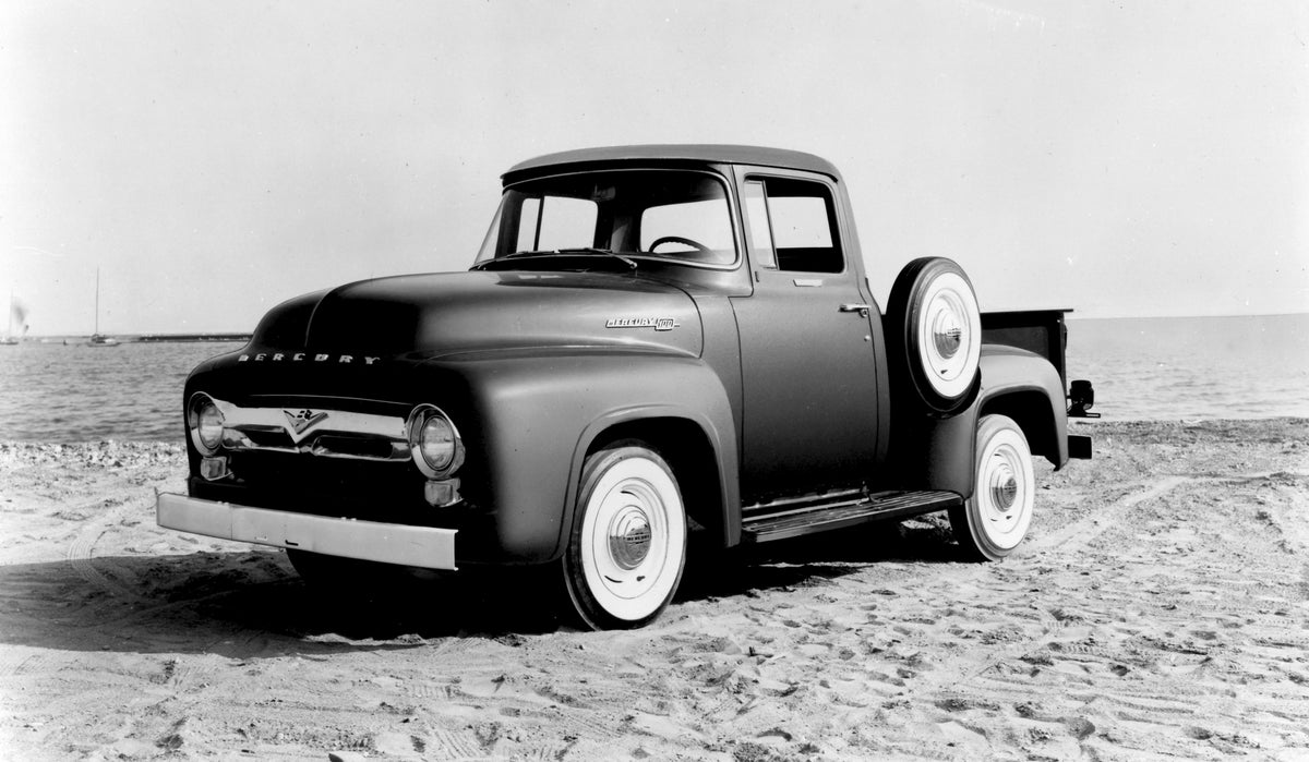 This archival image documents the 1953 Mercury M-100 Pickup on scenic beach AR-2007-5 and is preserved in the Ford Heritage Vault as part of Ford Motor Company's historic photographic archive. Free for personal, non-commercial use. Ford Heritage V...