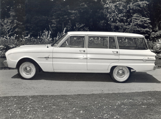 1962 Ford XL Falcon Station Wagon side view in scenic driveway with flowers HV 1962-0099