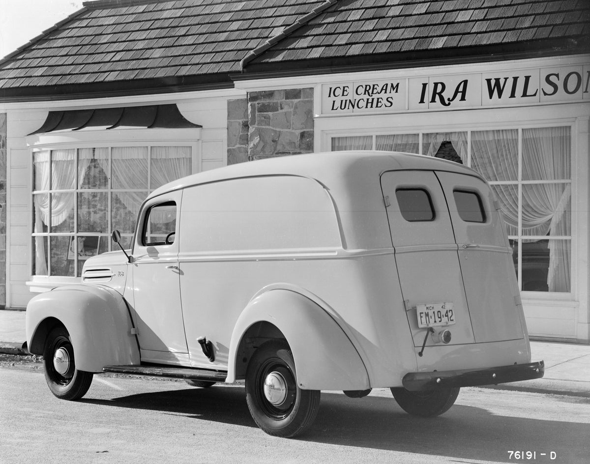 This archival image documents the 1942 Ford panel delivery and is preserved in the Ford Heritage Vault as part of Ford Motor Company's historic photographic archive. Free for personal, non-commercial use. Ford Heritage Vault reference AR-2008-8.1....