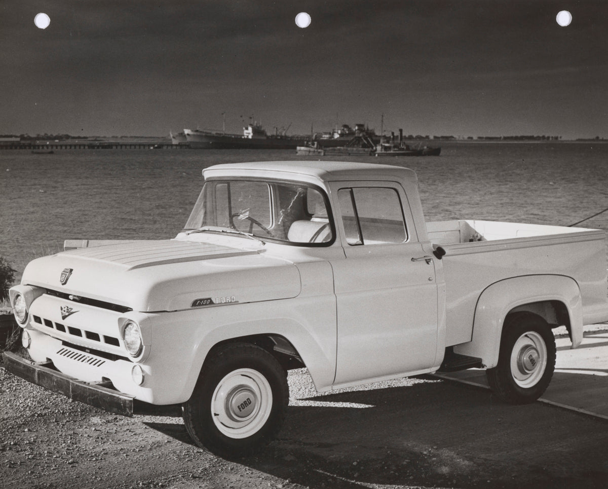 This archival image documents the 1957 Ford F-100 V8 Pickup Truck Passenger Side Front End View by the Waterfront FAP-2011-3 and is preserved in the Ford Heritage Vault as part of Ford Motor Company's historic photographic archive. Free for person...