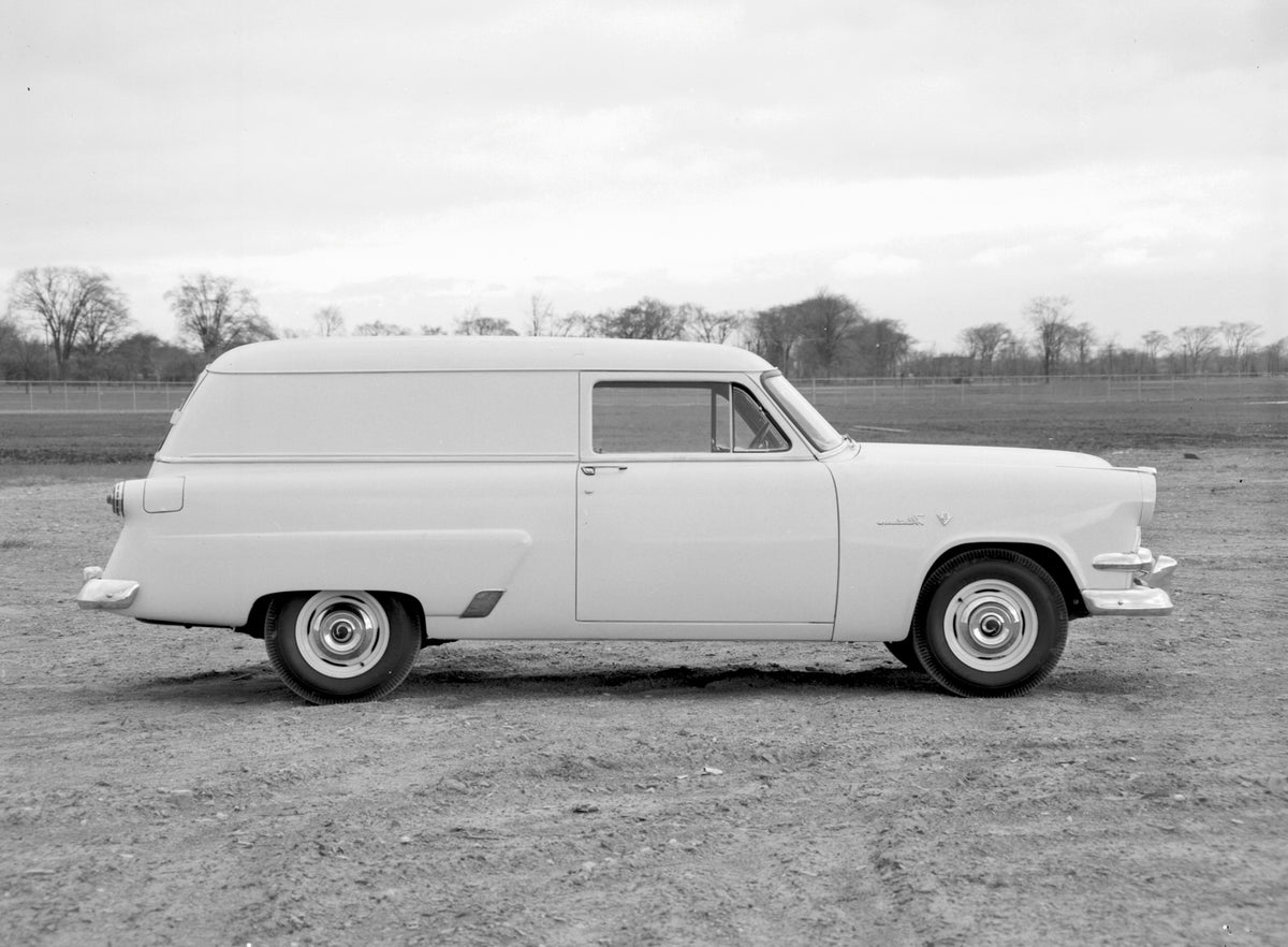 This archival image documents the 1954 Meteor Sedan Delivery side view on dirt road with scenic trees 541190 and is preserved in the Ford Heritage Vault as part of Ford Motor Company's historic photographic archive. Free for personal, non-commerci...