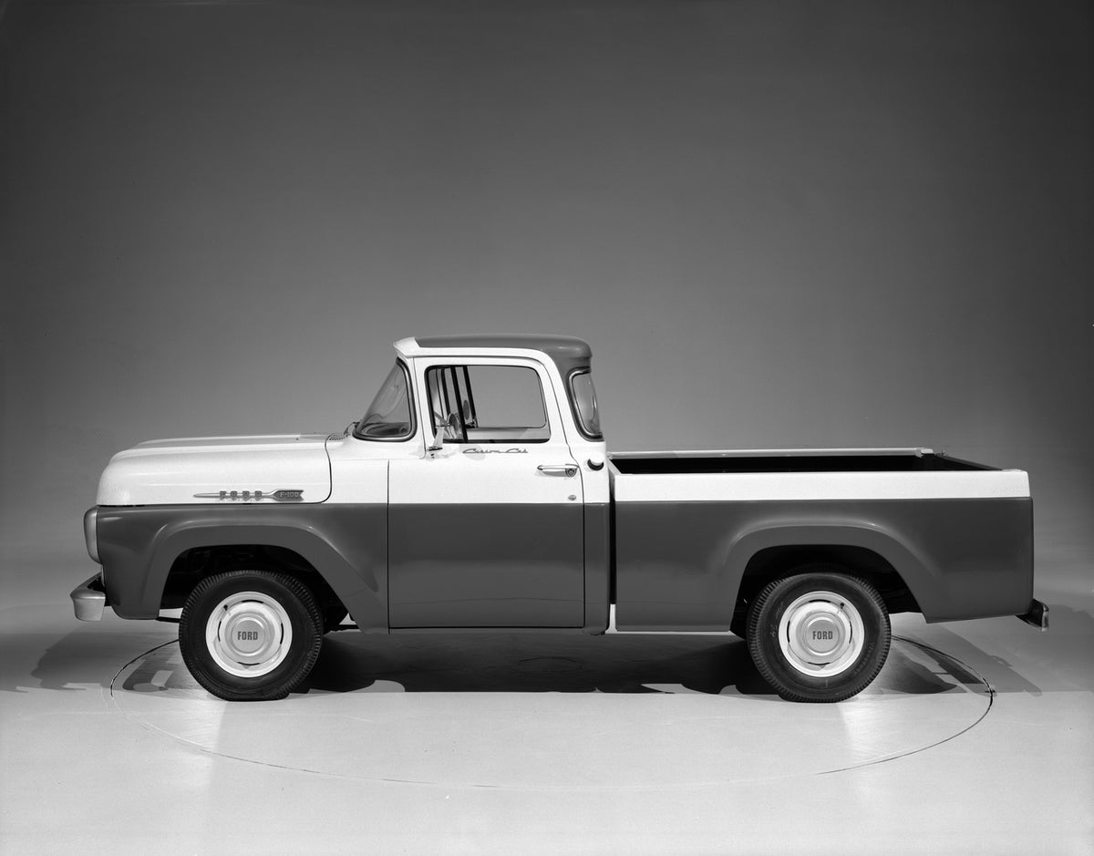 This archival image documents the 1960 Ford F-100 Custom Cab pickup truck and is preserved in the Ford Heritage Vault as part of Ford Motor Company's historic photographic archive. Free for personal, non-commercial use. Ford Heritage Vault referen...