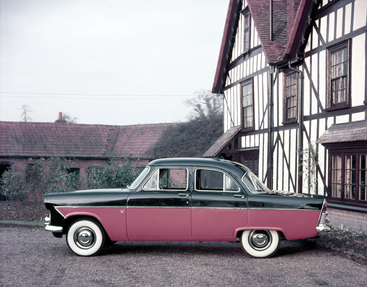 This archival image documents the 1956 Ford Zodiac Mark II side view in front of scenic house at Kelvedon and is preserved in the Ford Heritage Vault as part of Ford Motor Company's historic photographic archive. Free for personal, non-commercial ...