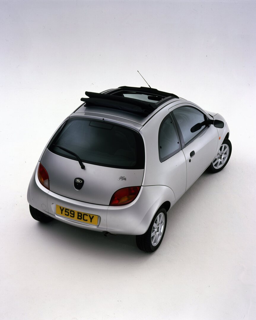 This archival image documents the 2001 Ford Ka Mark I rear view with open sunroof in studio and is preserved in the Ford Heritage Vault as part of Ford Motor Company's historic photographic archive. Free for personal, non-commercial use. Ford Heri...