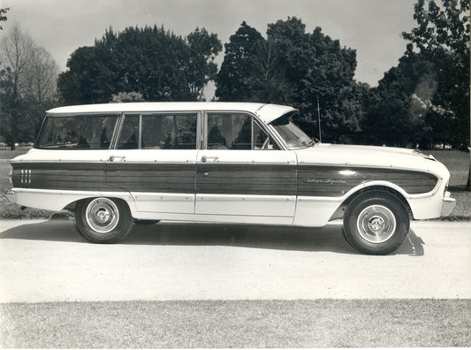 1962 Ford XL Falcon Squire Station Wagon side view with scenic trees HV 1962-0097