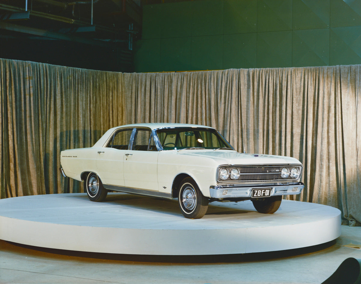 This archival image documents the 1968 Ford ZB Fairlane 500 Sedan Driver Side Front End View in Studio FAP-2011-3 and is preserved in the Ford Heritage Vault as part of Ford Motor Company's historic photographic archive. Free for personal, non-com...