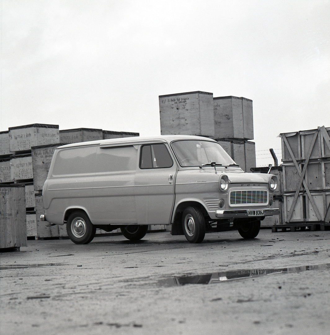 This archival image documents the 1971 Ford Transit Mark I RHD Short Wheelbase Petrol Van with shipping containers and is preserved in the Ford Heritage Vault as part of Ford Motor Company's historic photographic archive. Free for personal, non-co...