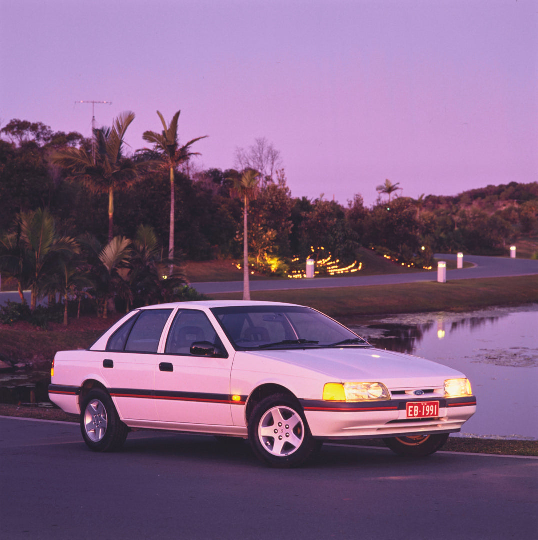 This archival image documents the 1991 Ford EB Falcon S Sedan Driver Side Front End View Parked Near Pond FAP-2011-3 and is preserved in the Ford Heritage Vault as part of Ford Motor Company's historic photographic archive. Free for personal, non-...
