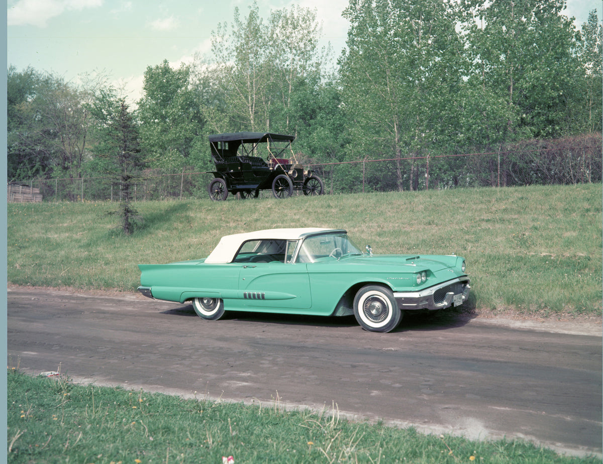 This archival image documents the 1958 Ford Thunderbird and circa 1908 Ford Model T and is preserved in the Ford Heritage Vault as part of Ford Motor Company's historic photographic archive. Free for personal, non-commercial use. Ford Heritage Vau...