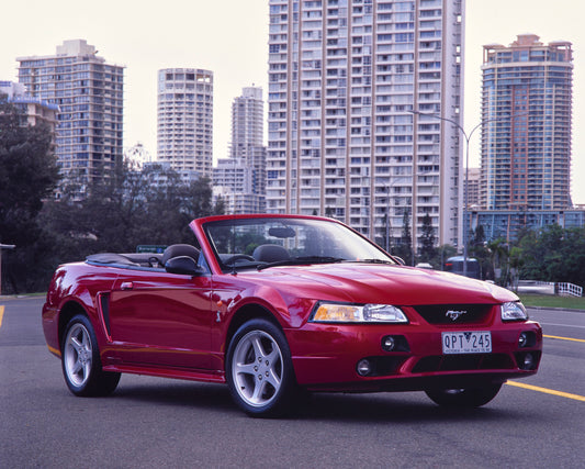 2001 Ford Mustang Cobra Convertible Driver Side Front End View on City Street FAP-2011-3 HV 2001-0151