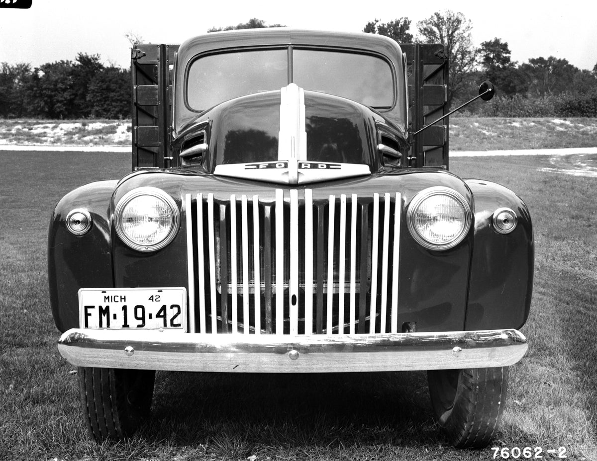 This archival image documents the 1942 Ford Heavy-Duty Regular proto stake truck front end and is preserved in the Ford Heritage Vault as part of Ford Motor Company's historic photographic archive. Free for personal, non-commercial use. Ford Herit...