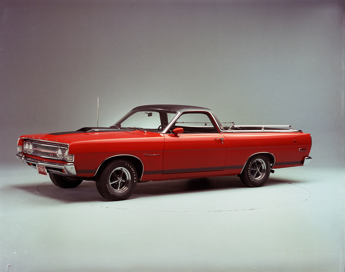 This archival image documents the 1969 Ford Ranchero GT pickup and is preserved in the Ford Heritage Vault as part of Ford Motor Company's historic photographic archive. Free for personal, non-commercial use. Ford Heritage Vault reference AR-2008-...