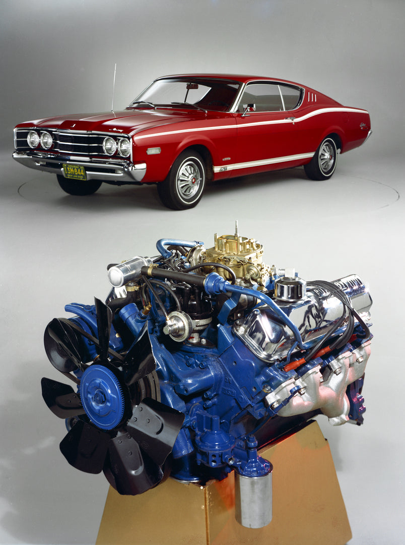 This archival image documents the 1968 Mercury Cyclone with Cobra Jet engine in Foreground and Car At Side Angle and is preserved in the Ford Heritage Vault as part of Ford Motor Company's historic photographic archive. Free for personal, non-comm...