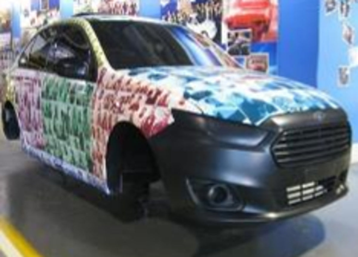 This archival image documents the 2014 Ford Falcon Art Car Shell and is preserved in the Ford Heritage Vault as part of Ford Motor Company's historic photographic archive. Free for personal, non-commercial use. Ford Heritage Vault reference AR-202...
