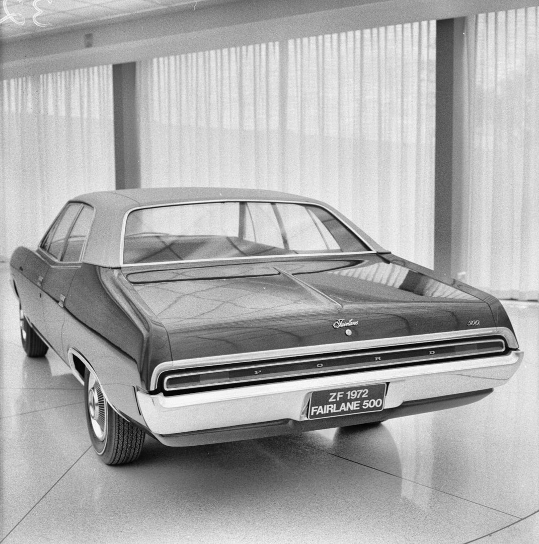 This archival image documents the 1972 Ford ZF Fairlane 500 Sedan Rear End View on Showroom Floor FAP-2011-3 and is preserved in the Ford Heritage Vault as part of Ford Motor Company's historic photographic archive. Free for personal, non-commerci...