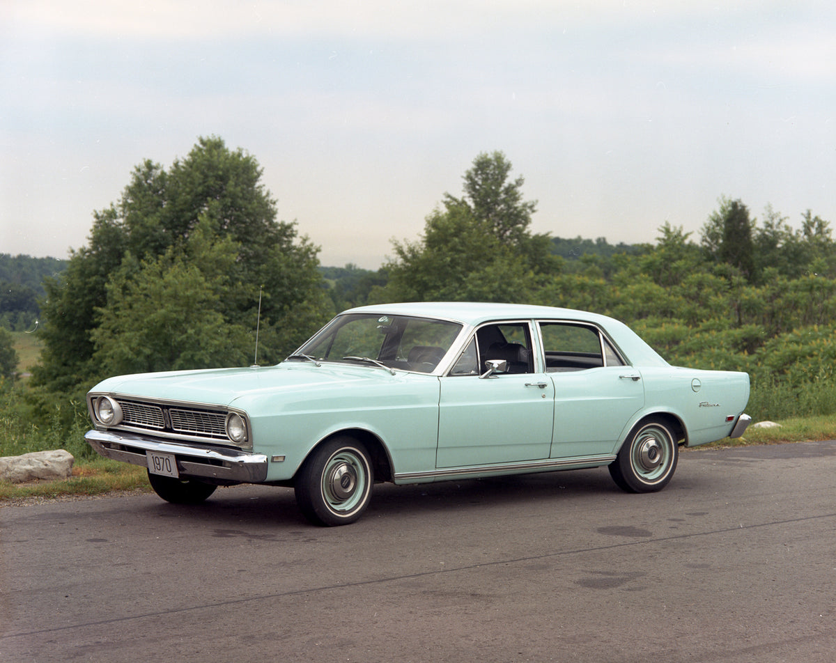 This archival image documents the 1970 Ford Falcon Futura four-door and is preserved in the Ford Heritage Vault as part of Ford Motor Company's historic photographic archive. Free for personal, non-commercial use. Ford Heritage Vault reference AR-...