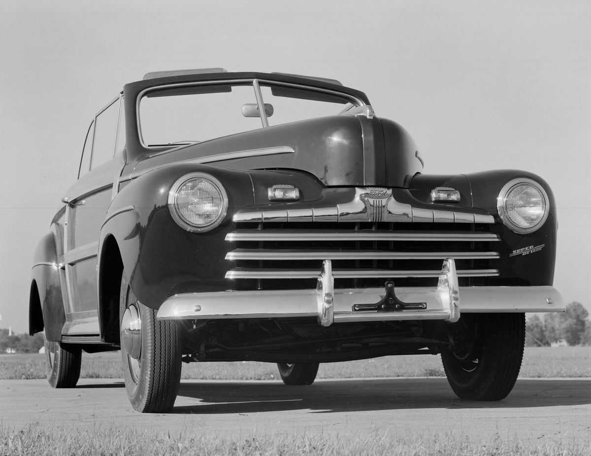 This archival image documents the 1946 Ford Super Deluxe sportsman convertible and is preserved in the Ford Heritage Vault as part of Ford Motor Company's historic photographic archive. Free for personal, non-commercial use. Ford Heritage Vault re...