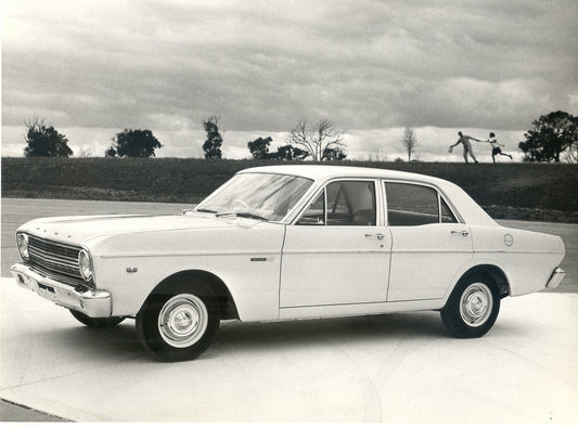 1966 Ford XR Falcon 500 with scenic trees and obscure couple in background HV 1966-0154