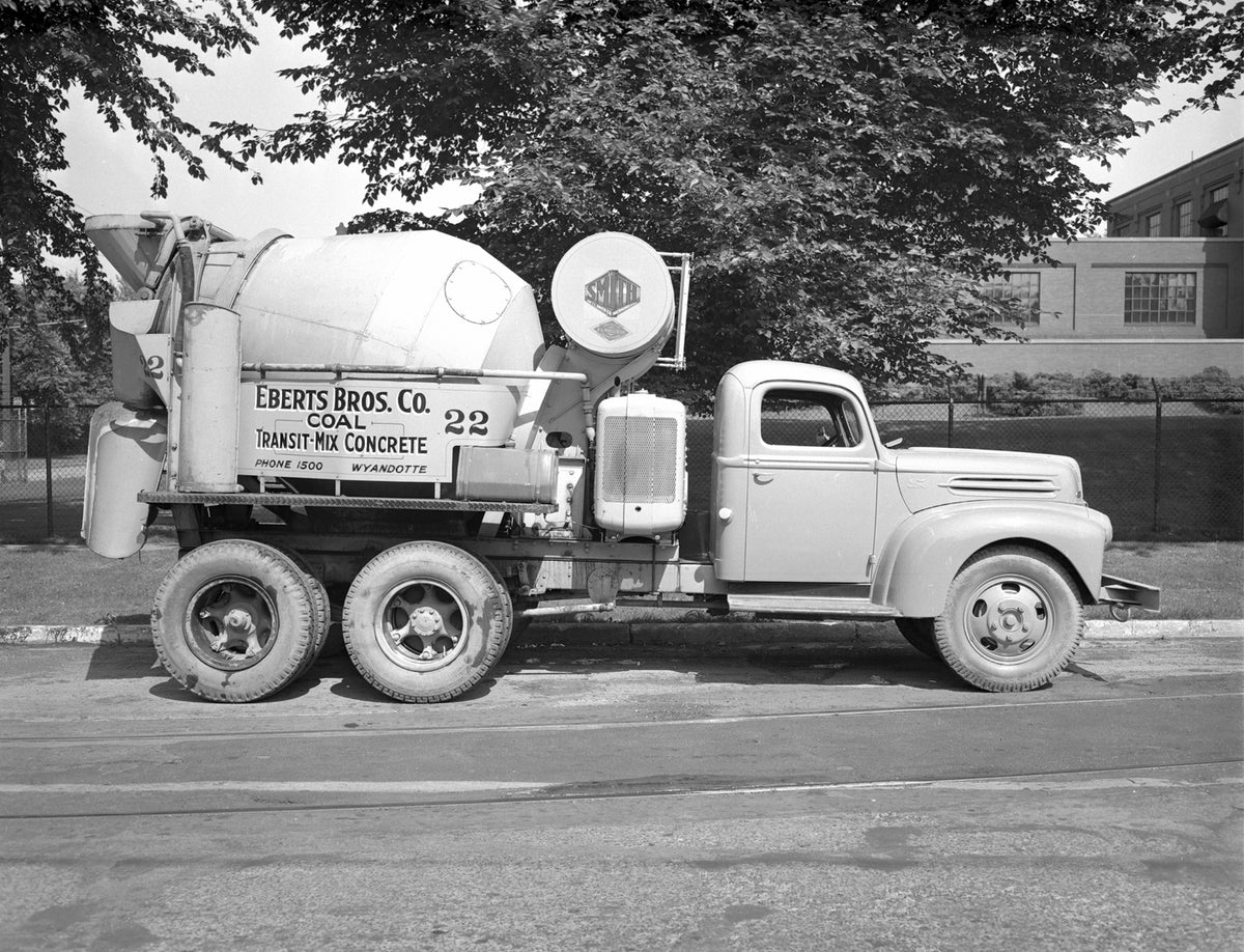 This archival image documents the 1946 Ford tandem axle cement truck and is preserved in the Ford Heritage Vault as part of Ford Motor Company's historic photographic archive. Free for personal, non-commercial use. Ford Heritage Vault reference AR...