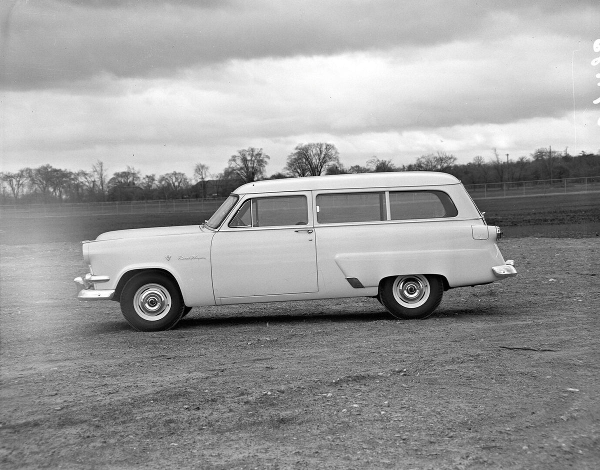 This archival image documents the 1954 Meteor Mainline Ranch Wagon side view in scenic field AR-2007-5 and is preserved in the Ford Heritage Vault as part of Ford Motor Company's historic photographic archive. Free for personal, non-commercial use...