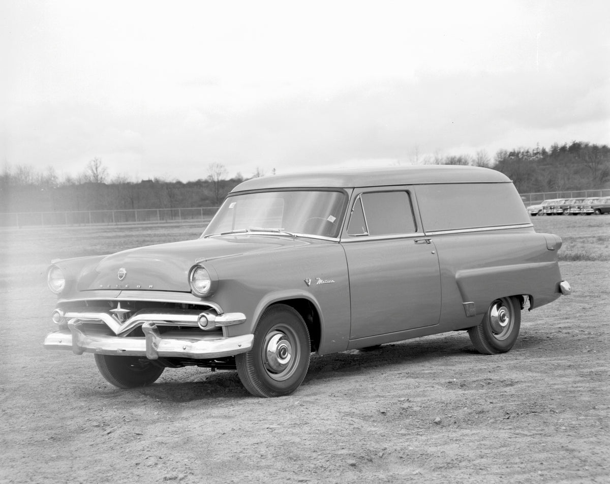 This archival image documents the 1954 Meteor Sedan Delivery on dirt road with scenic trees 541189 and is preserved in the Ford Heritage Vault as part of Ford Motor Company's historic photographic archive. Free for personal, non-commercial use. Fo...